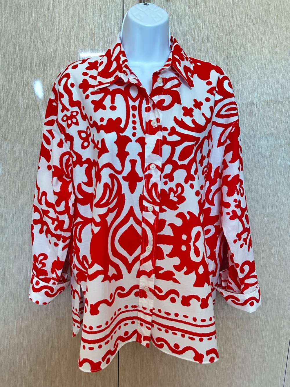NEW ZARA Red & White Printed Button-Up Blouse 100% Cotton Size M